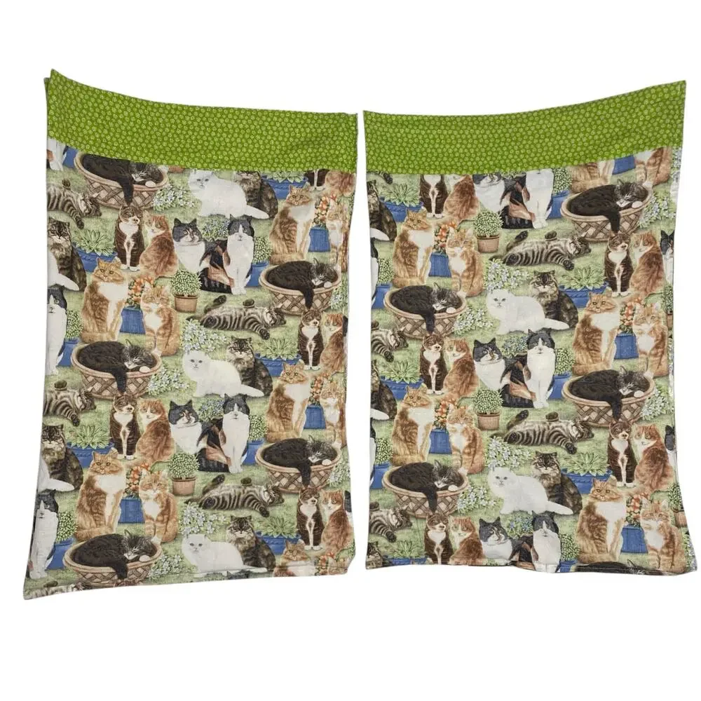 Handmade Cat Pillowcase Green Persian Tiger Tuxedo 19x29 S/Q Lot of 2 Farmhouse